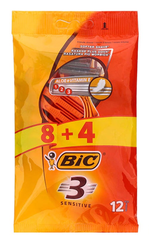 BIC 3 Sensitive Fixed-Head Razors Triple-Blade Aloe Vera Vitamin E 12 Pack