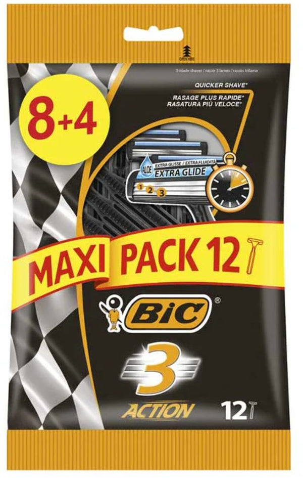 BIC 3 Action Maxi Pack Disposable Razors Triple Blade Aloe Vera 12 Pieces