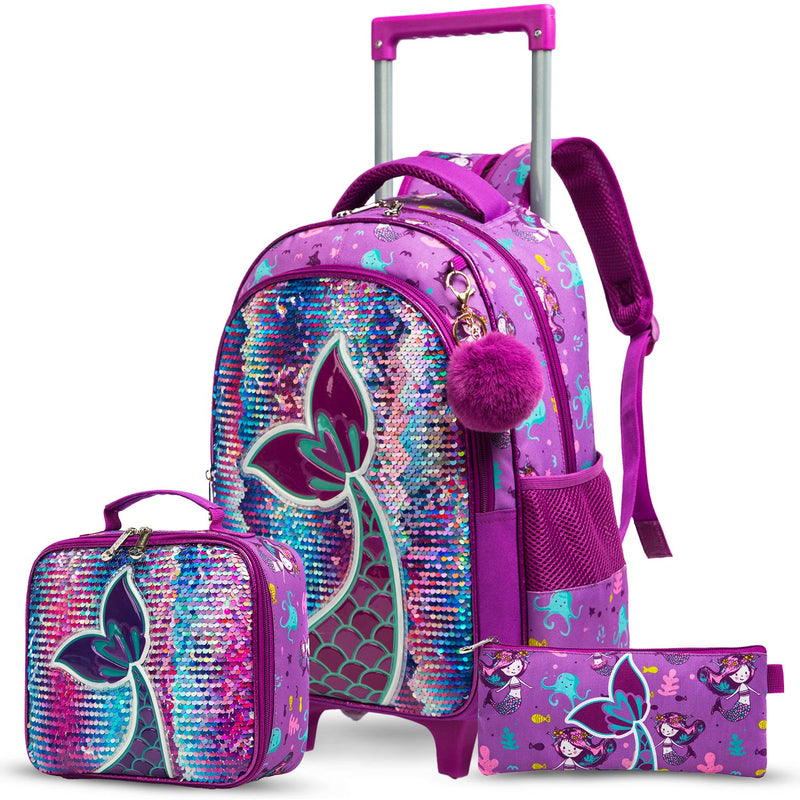 Eazy Kids 3-in-1 Trolley School Bag Set, Mermaid Purple, Backpack, Lunch Bag and Pencil Case