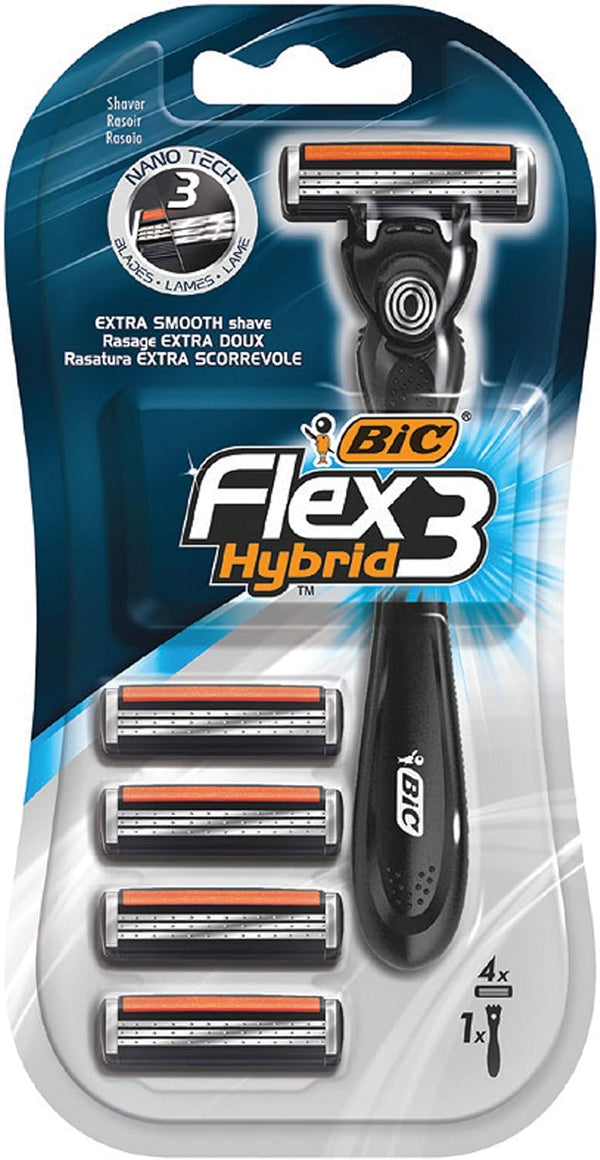 BIC Flex 3 Hybrid Men's Razor, Pivoting 3-Blade System, Aloe Vera & Vitamin E Strip, 1 Handle with 4 Cartridges