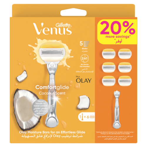 Gillette Venus Comfortglide Plus Olay Women's Razor Coconut Scent with 6 Refill Blades