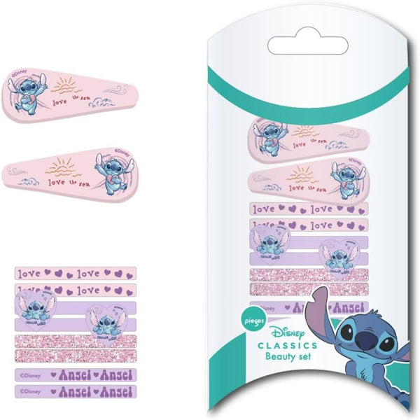 Disney Stitch Hair Snap Clips and Hair Elastics Pom-Pom Accents Pink and White 8 Pieces