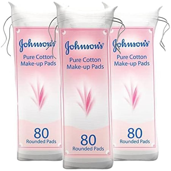 Johnson & Johnson Cotton Makeup Pads 2+1 Pack, 100% Pure Cotton, Rounded, 80 Pads