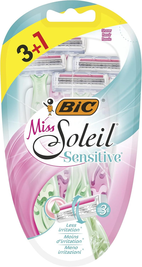 BIC Miss Soleil Sensitive Disposable Women's Razors, 3-Blade Pivoting Head, Aloe Vera & Vitamin E, 4 Pieces