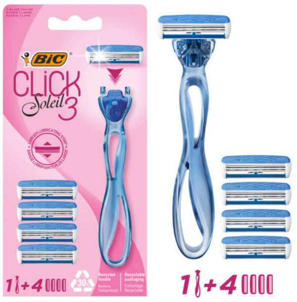 BIC Soleil Click 3 Women's Razors, 3-Blade Pivoting Head, Cocoa Butter Moisture Strip, 4-Piece Kit