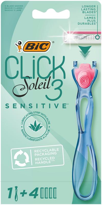 BIC Soleil Click 3 Sensitive Women's Razor, 3-Blade Pivoting Head, Aloe Vera Strip, 1 Handle + 4 Refills
