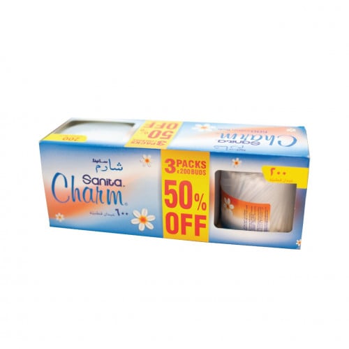 Sanita Charm Soft Cotton Ear Cleaning Sticks, 2+1 Free, 200 Swabs