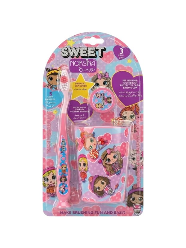 Norsina Sweet Kids Toothbrush Set with Cover and Cup, Soft Bristles, 3 Pieces