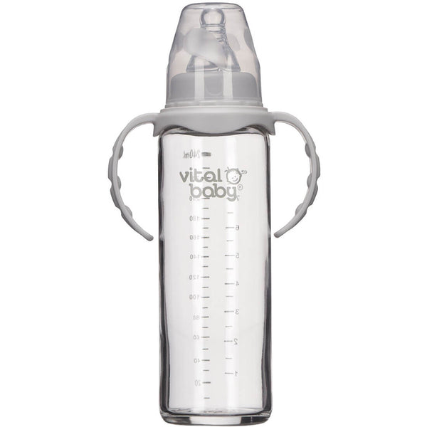 Vital Baby Nurture Glass Feeding Bottle With Handles Wide Breast-Shaped Teat 240ml