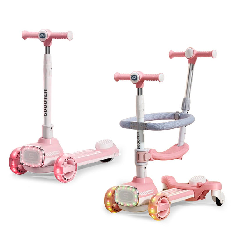 Little Story Multifunctional Kids Scooter Ride-On with Seat, Push Handle, Flashing Wheels, Pink