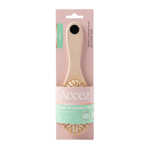 Accez Wooden Massage Oval Hair Brush Ball-Tipped Detangling Bristles 1 Pc
