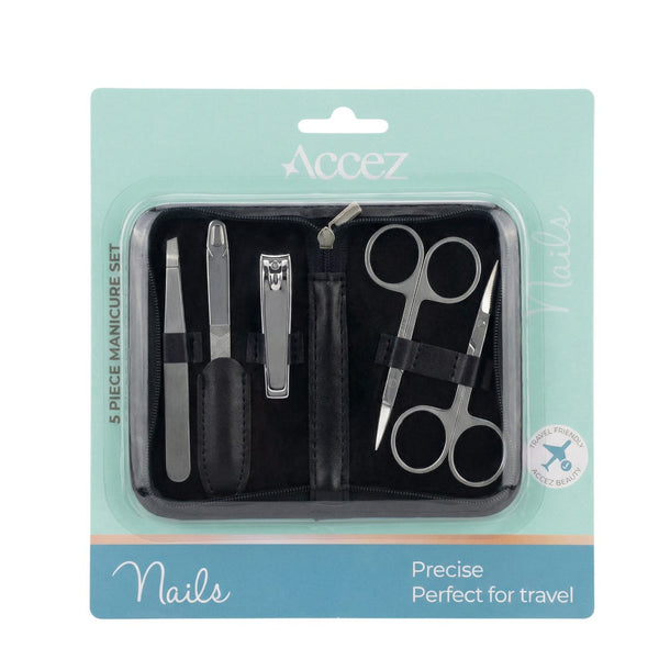Accez 5-Piece Manicure Set Stainless Steel Nail Care Tools with Leather Zipper Pouch