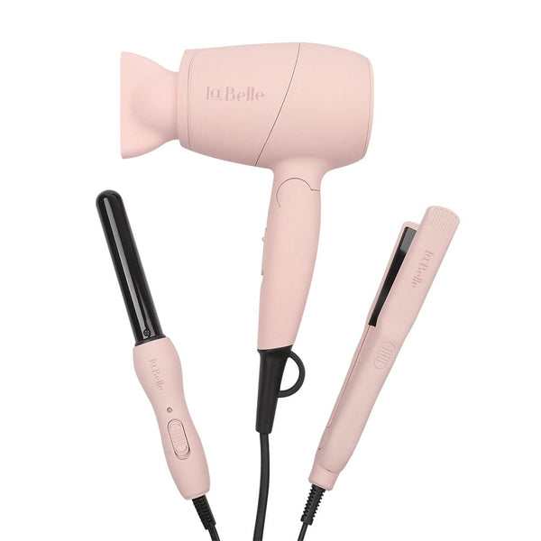 La Belle Mini Hair Styling Set Hair Straightener Dryer Curler Pink