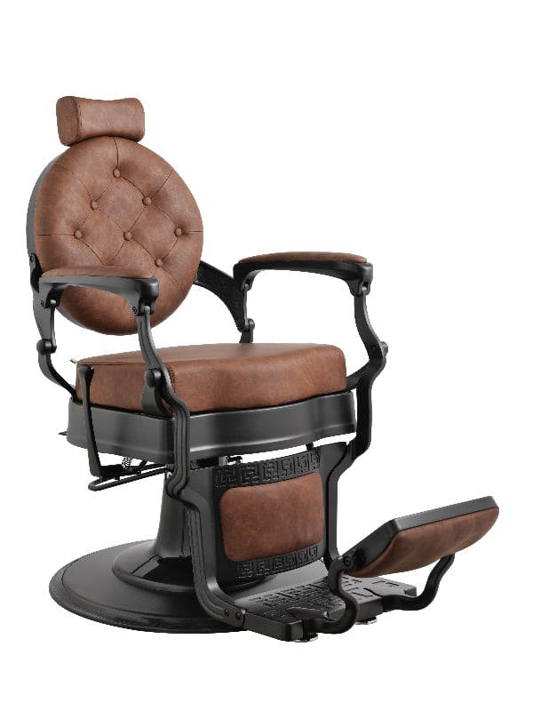 Men's Barber Chair, Brown Faux Leather with Black Metal Frame, Hydraulic Recline and Adjustable Footrest