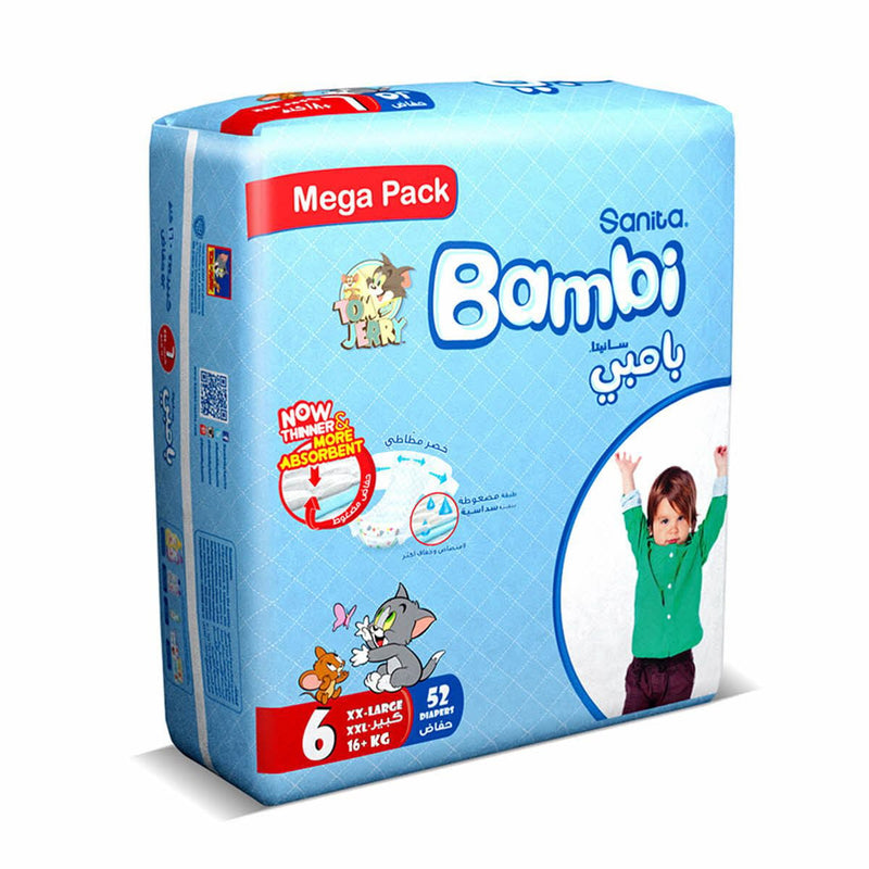 Sanita Bambi Baby Diapers Size 6, Enhanced Absorbency, 52 Pack
