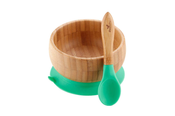 Avanchy Baby Bamboo Stay-Put Suction Bowl and Spoon Set, Green