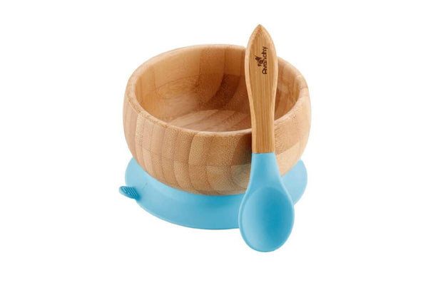 Avanchy Baby Bamboo Stay Put Suction Bowl and Spoon Blue