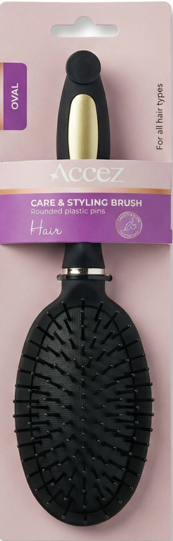 Accez Care & Styling Oval Hair Brush, Rounded Plastic Pins, Ergonomic Handle, Silver, 1 Piece