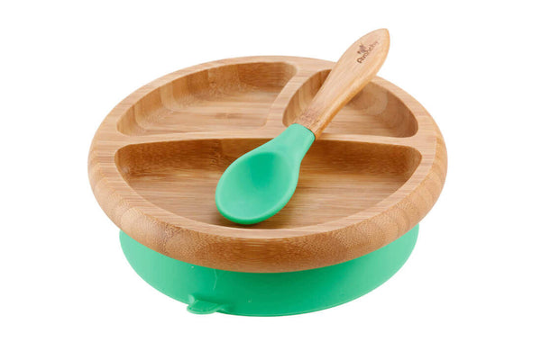 Avanchy Bamboo Suction Classic Plate and Spoon Green 3-Compartment Baby Feeding Set
