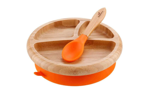 Avanchy Bamboo Suction Classic Plate and Spoon Set, 3-Compartment Orange