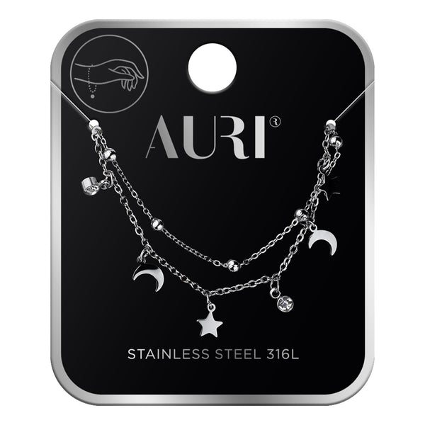 AURI Double Bracelet With Crescent and Star Charms, 316L Stainless Steel, Silver