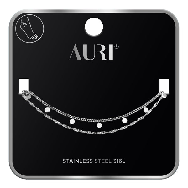 Auri Double Curly Ankle Bracelet With Small Medallion Silver
