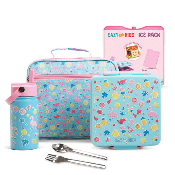 Eazy Kids Jumbo Bento Lunch Box Set with 360ml Stainless Steel Bottle, Cutlery, Insulated Bag and Ice Pack, Flamingo Pink, 1100ml