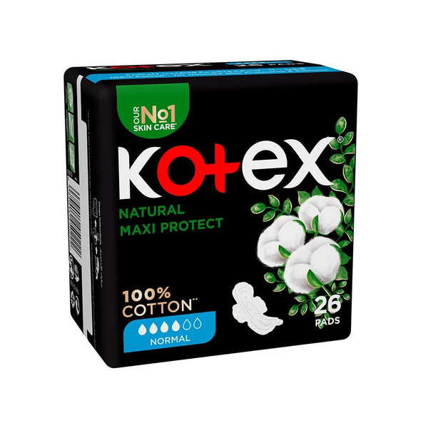 Kotex Natural 100% Cotton Maxi Protect Normal Pads, 26 Count