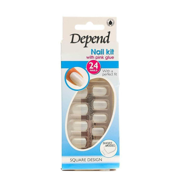 Depend Artificial Nail Kit Square Short, 24 Nails with Pink Glue