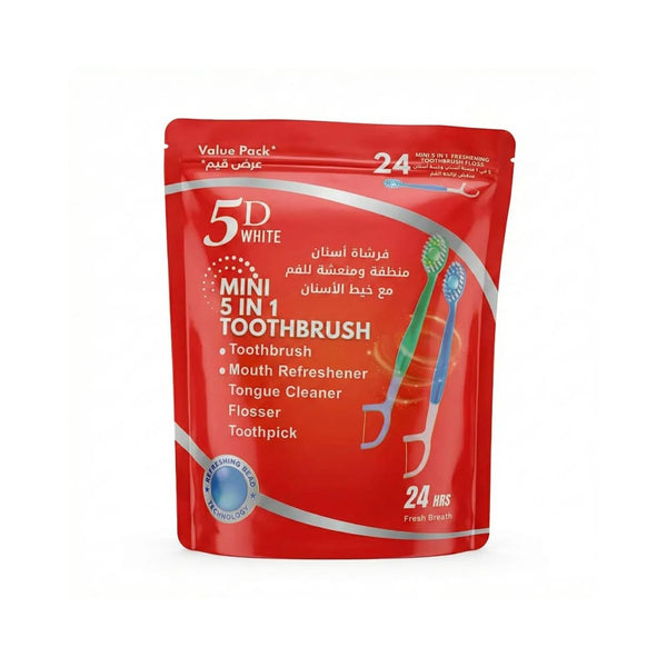 5D White 5-in-1 Toothbrush and Flosser with Tongue Cleaner, Toothpick, 24 Pieces