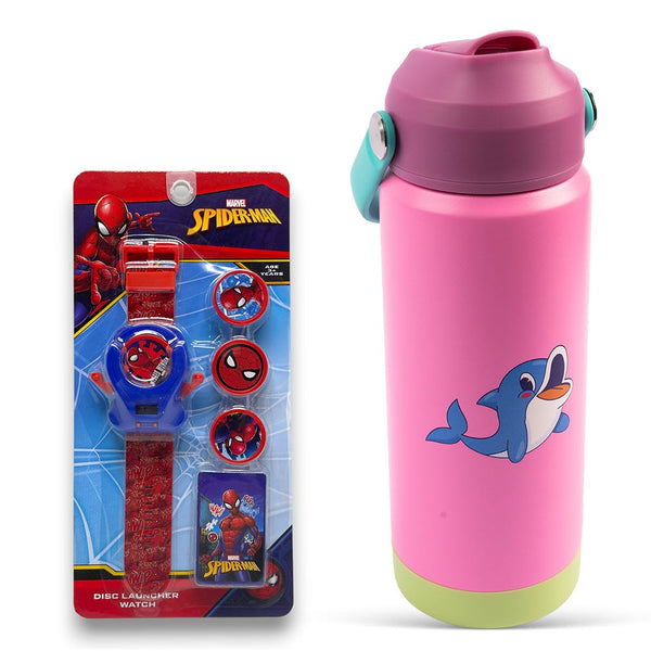 Cocobee Insulated Steel Bottle Pink 500ml with Spiderman Watch