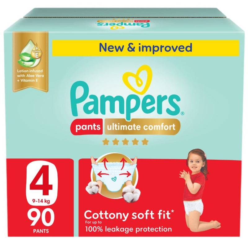 Pampers Ultimate Comfort Pants Diapers Cottony Soft Fit Aloe Vera Vitamin E Size 4, 9-14 kg, 90 Count