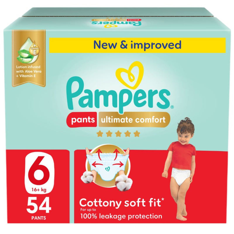 Pampers Ultimate Comfort Pants Diapers Cottony Soft Fit Aloe Vera Vitamin E Size 6, 16+ kg, 54 Count