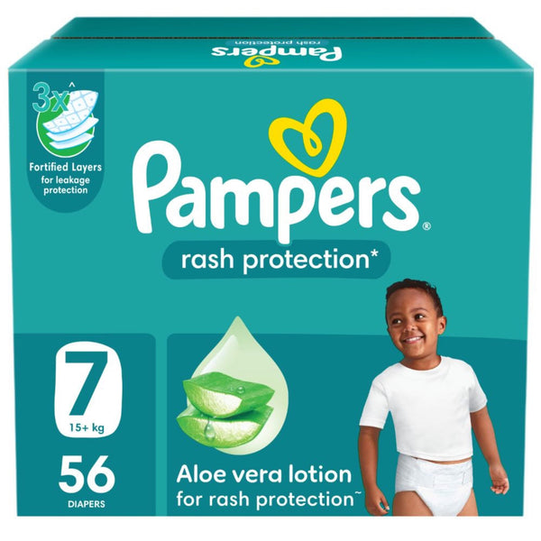 Pampers Rash Protection Taped Diapers Size 7 15+ kg Aloe Vera 56 Count