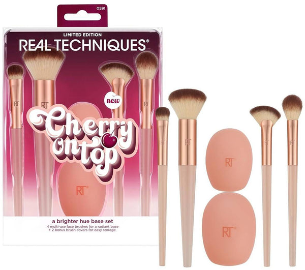 Real Techniques A Brighter Hue Base Makeup Brush Set, 4 Brushes and 2 Covers, Cherry On Top