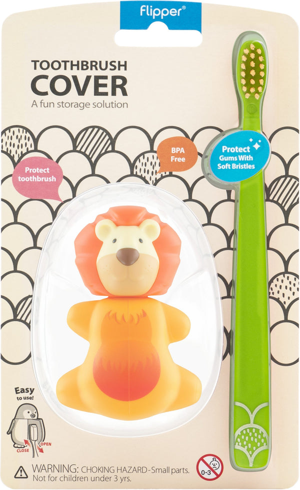 Flipper Lion Toothbrush Cover with Soft Bristle Toothbrush, Self-Opening Hygienic Holder