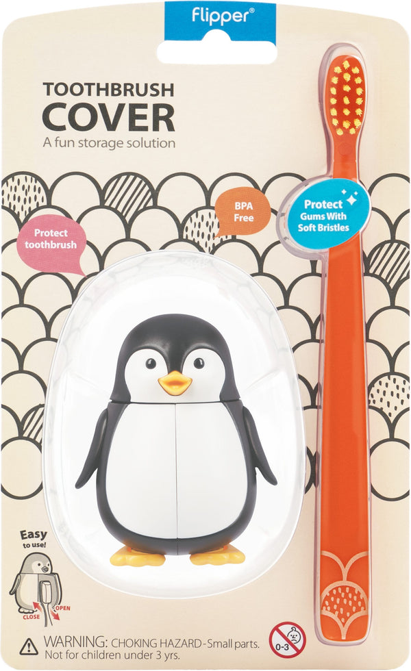 Flipper Penguin Toothbrush Cover with Soft-Bristle Toothbrush, Automatic Open-Close Design