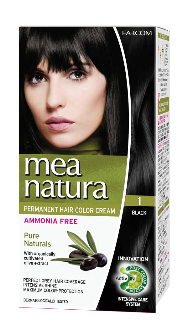 Mea Natura Permanent Hair Color Cream, Ammonia-Free, Olive Extract, Black 1, 60 ml