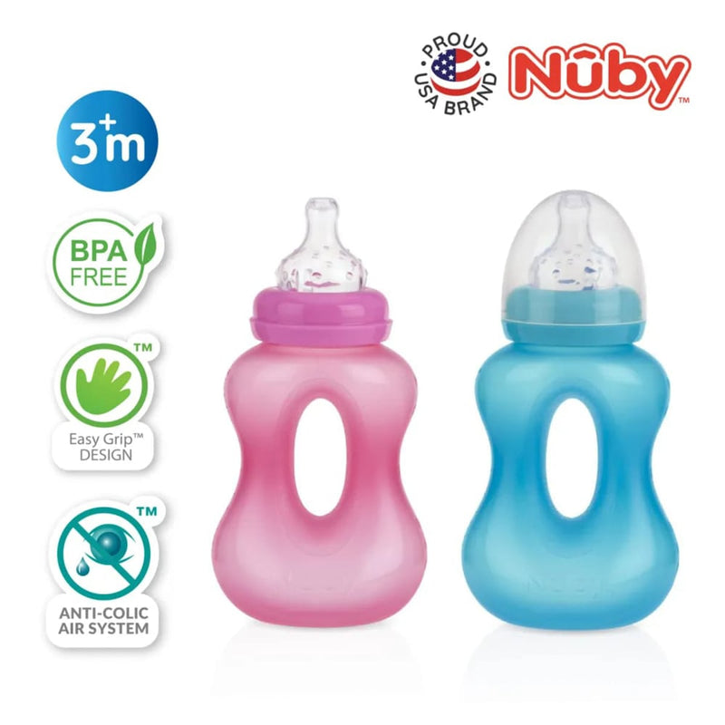 Nuby No Spill Wide Neck Gripper Baby Bottle with Non-Drip Silicone Nipple
