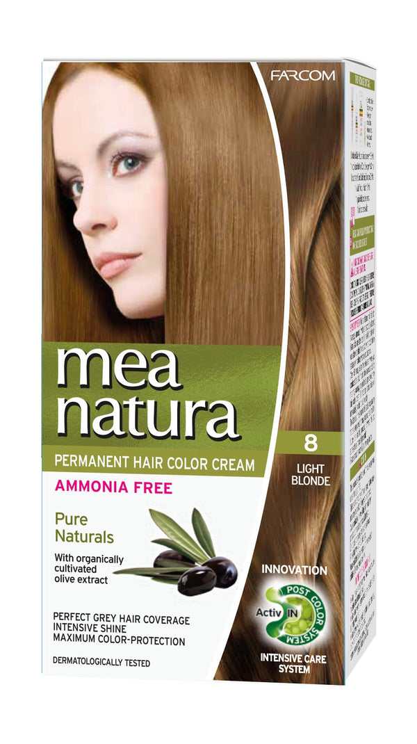 Mea Natura Permanent Hair Color Cream Light Blonde 8 Ammonia-Free Olive Leaf Extract 60 ml Kit