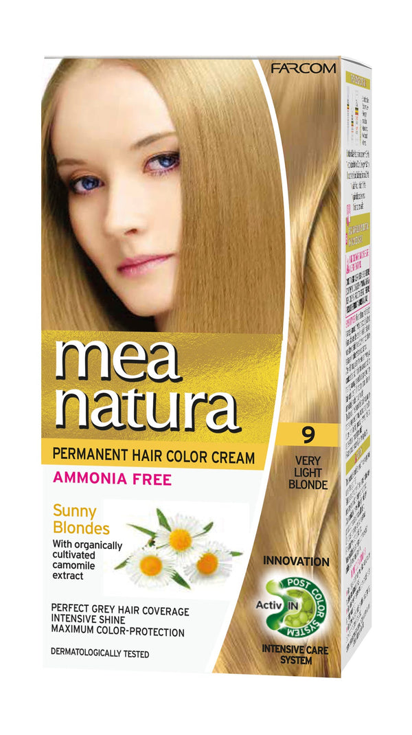 Mea Natura Hair Color 9 Very Light Blonde Permanent Cream Dye, Ammonia-Free, 60 ml Kit