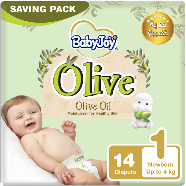 BabyJoy Olive Premium Baby Diapers, Olive Oil Moisturizer, Small, 14 Pieces