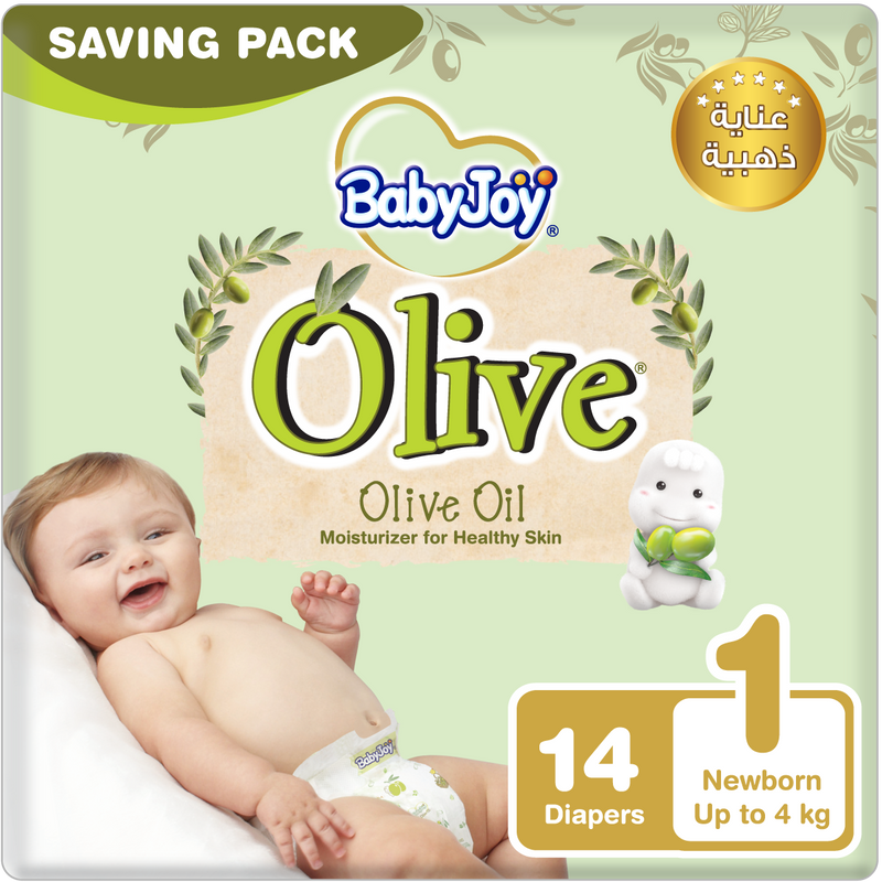 BabyJoy Olive Premium Baby Diapers, Olive Oil Moisturizer, Small, 14 Pieces