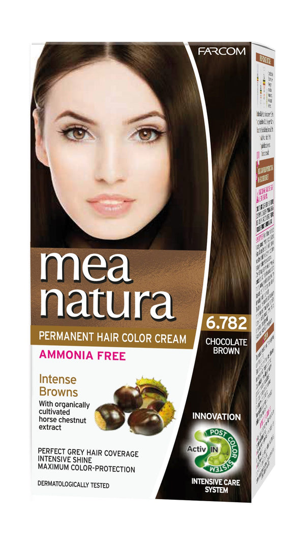 Mea Natura Permanent Hair Color Cream Chocolate Brown 6.782, Ammonia-Free, 60 ml Kit