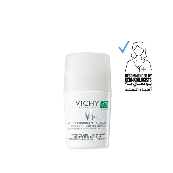 Vichy 48-Hour Roll-On Deodorant for Sensitive Skin, Fragrance-Free, 50 ml