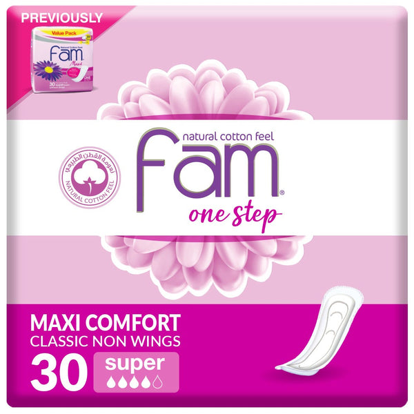 Fam Maxi Feminine Pads, Pink, with Wings, Natural Cotton Feel, 30 Pack