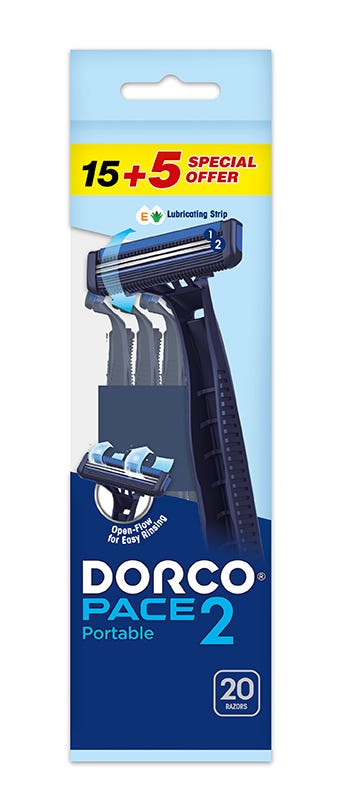 Dorco Pace2 Portable Two-Blade Razors Lubricating Strip Vitamin E Aloe Vera Argan Oil 20 Pieces