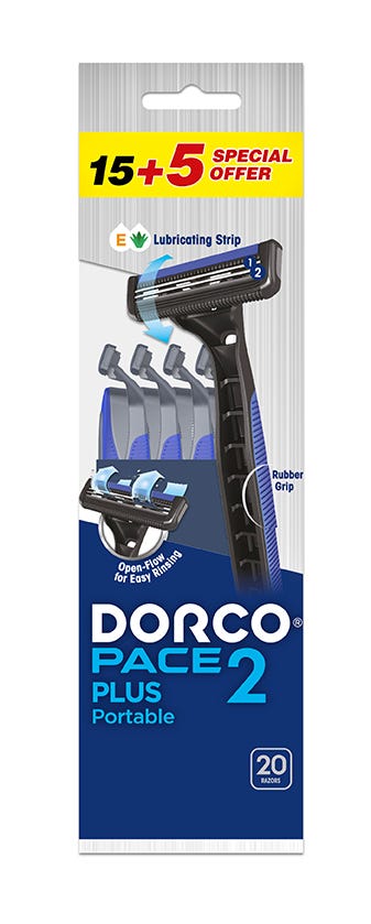 Dorco Pace2 Plus Portable Twin-Blade Razors with Lubricating Strip, 20 Pieces