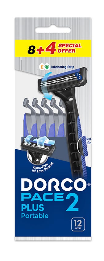 Dorco Pace2 Plus Portable Double-Blade Razors with Aloe and Vitamin E, 8+4 Pack