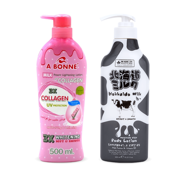 A Bonne & Centio Body Lotion Set, Milk Collagen and Hokkaido Milk Vitamin B3, 500 ml + 450 ml